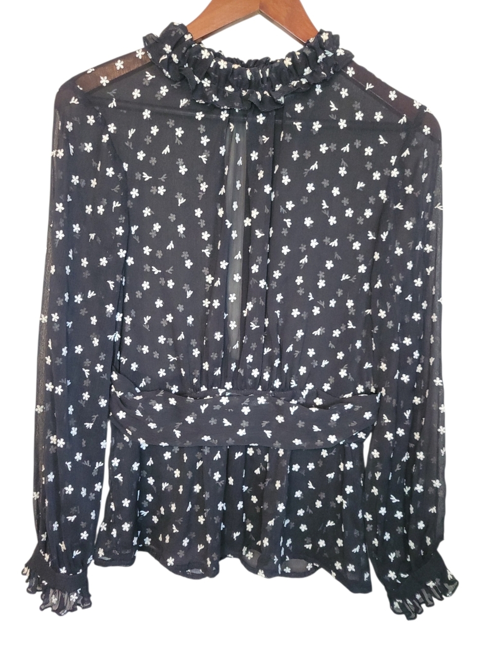 Zara Sheer Embroidered Blouse Small Black Floral Mesh Ruffle Neck Peplum Top - Picture 2 of 10